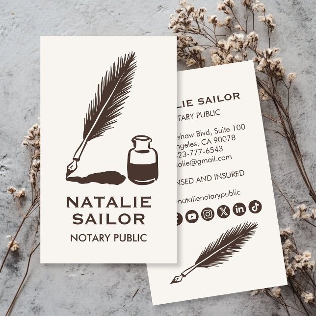 Feder-Tintenstift-Logo Notar PUBLIC CUSTOM  Visitenkarte (Quill Feather Ink Pen Logo Notary Public CUSTOM Social Media Icons Business Card
)
