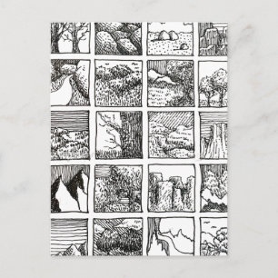 Feder-und-Tinte-Zeichnung Landschaft Quadrate Desi Postkarte