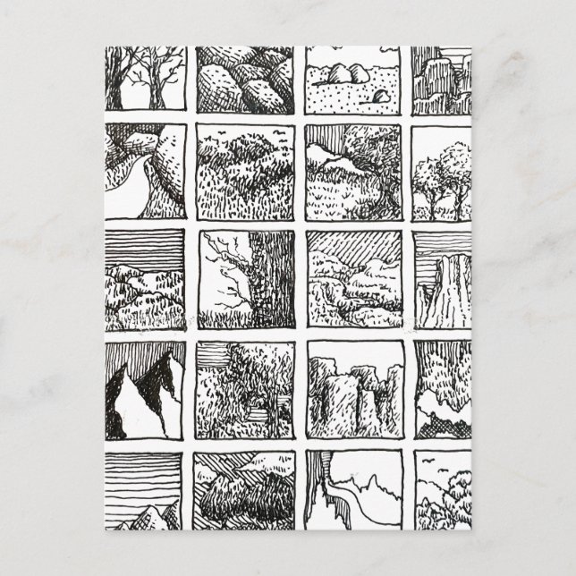 Feder-und-Tinte-Zeichnung Landschaft Quadrate Desi Postkarte (Vorderseite)