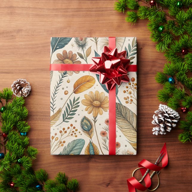 Feder- und Wildblumen-Botanikmuster Geschenkpapier (Feiertagsgeschenk)