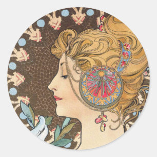 Feder von Alphonse Mucha - Vintage Art Nouveau Runder Aufkleber