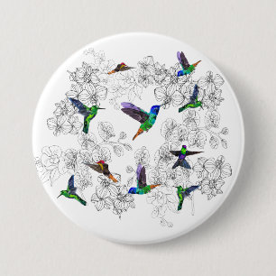 Federknopf - Farbenfrohe Vögel fliegen in Orchidee Button