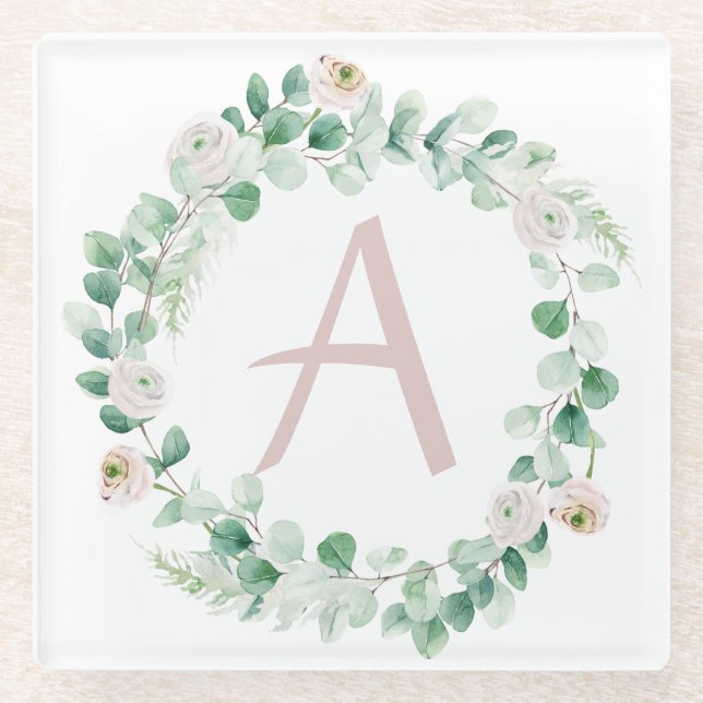 Federkranz mit Buchstaben, individuell einstellbar Glasuntersetzer (Vorderseite)