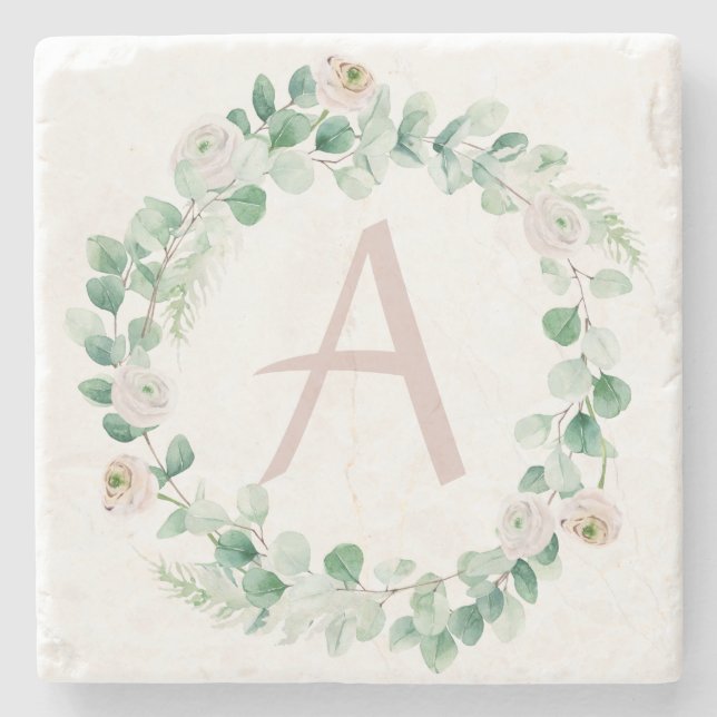 Federkranz mit Buchstaben, individuell einstellbar Steinuntersetzer (Vorderseite)