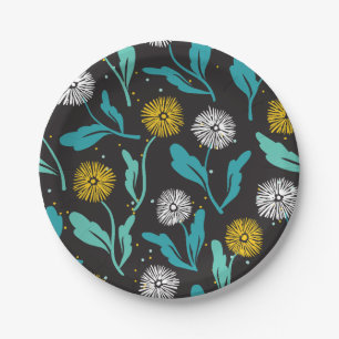 Federkronen-Blume und Blätter Design Pappteller