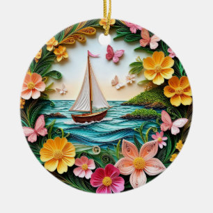 Federkunst-Naturszene mit Segelboot Keramik Ornament