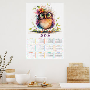 Federn & Blumen: 2026 Eulen-Kalender Poster