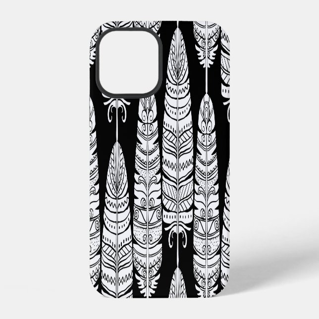 Federn Boho: Schwarz-Weiß-Muster iPhone Hülle (Rückseite)