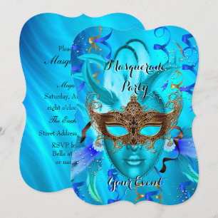Federnde Teal-Gold-Masken-Maskerade-Party Einladung
