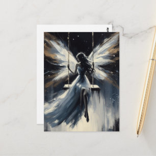 Fee auf einer Schaukel in weißem Kleid Postkarte