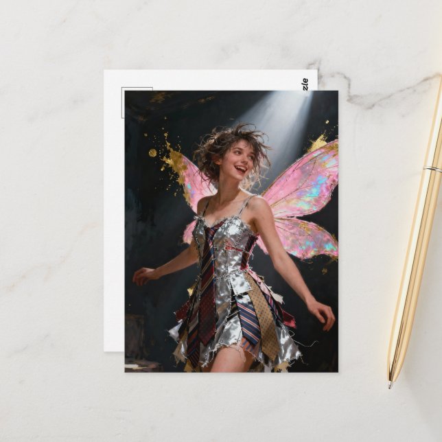 Fee im Kleid aus recycelten Krawatten Postkarte (Vorderseite/Rückseite Beispiel)