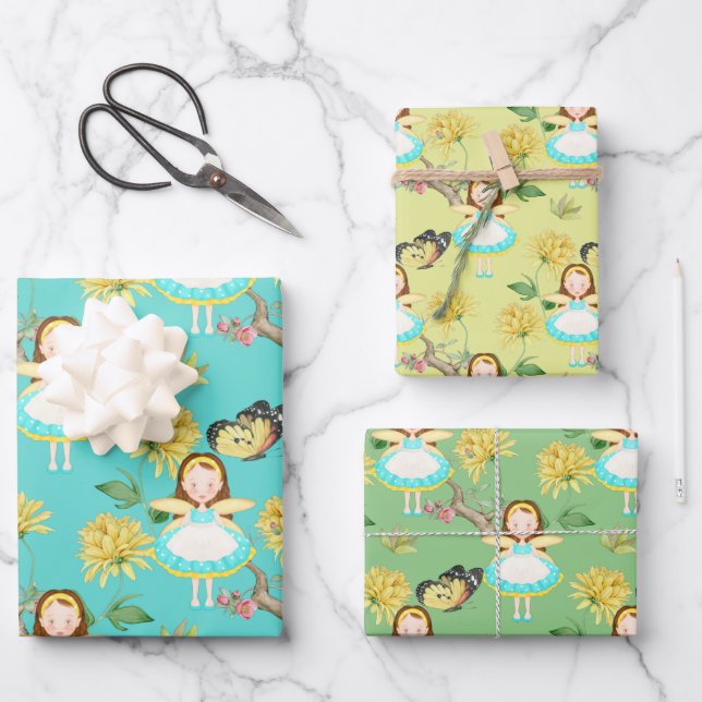 Fee in blauem Kleid Geschenkpapier Set (Vorderseite)