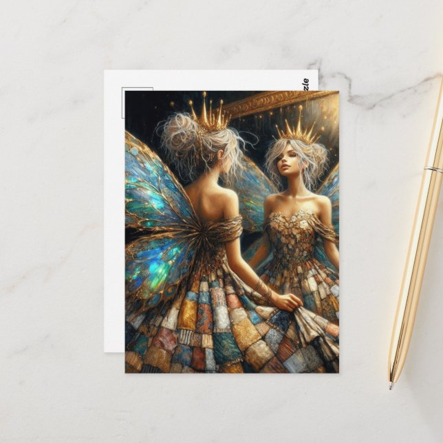 Fee in einem gepolsterten Kleid sieht in Spiegel a Postkarte (Vorderseite/Rückseite Beispiel)