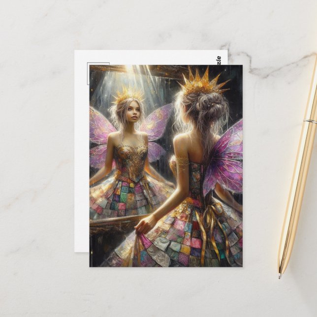 Fee in einem gepolsterten Kleid sieht in Spiegelbi Postkarte (Vorderseite/Rückseite Beispiel)