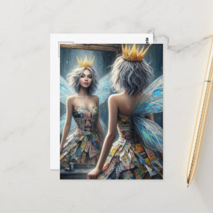 Fee in einem Gerecycelt Zeitungskleid Postkarte