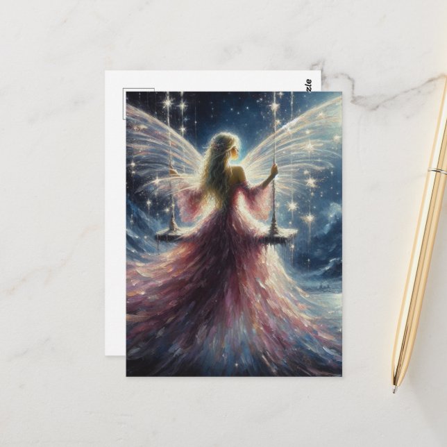 Fee in einem rosa Kleid auf einer Schaukel Postkarte (Vorderseite/Rückseite Beispiel)