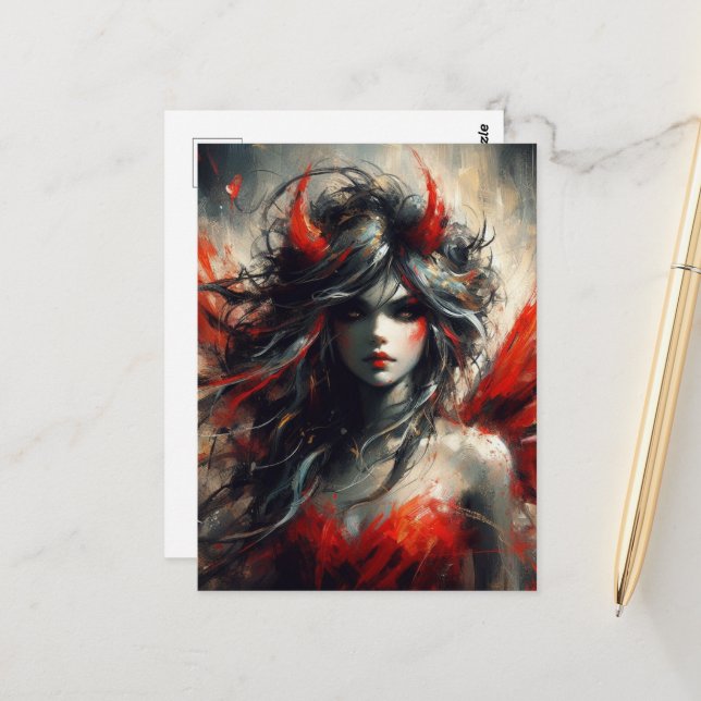 Fee in einem roten Kleid Postkarte (Vorderseite/Rückseite Beispiel)