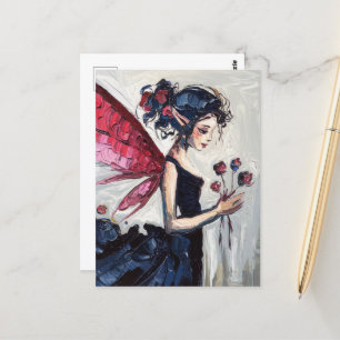 Fee in einem schwarzen Kleid mit Blume Postkarte