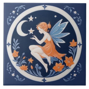 Fee mit Mond & Sternen Nachtblau & Orange Fliese