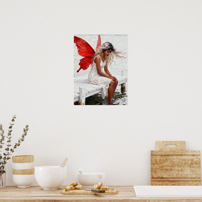 Fee sitzt auf einem Dock mit den Füßen im Wasser Poster (Küche)
