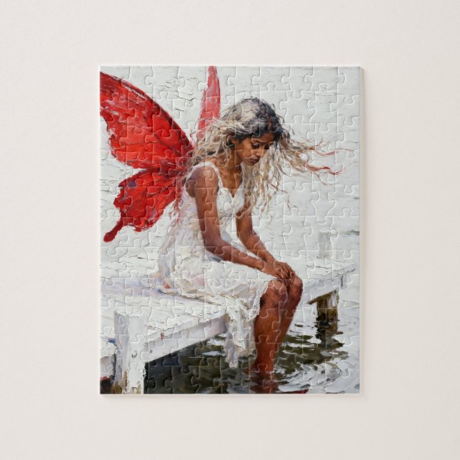Fee sitzt auf einem Dock mit den Füßen im Wasser Puzzle (Vertikal)