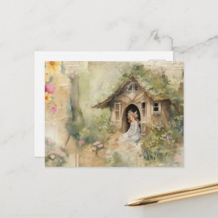 Fee sitzt in der Tür ihres Gartenhauses Postkarte