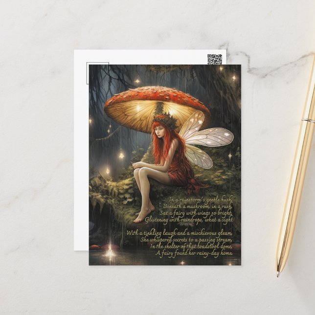 Fee unter Pilz im Regen Postkarte (Fantasy postcard with a cute poem about a faerie waiting out the rain under a mushroom.)