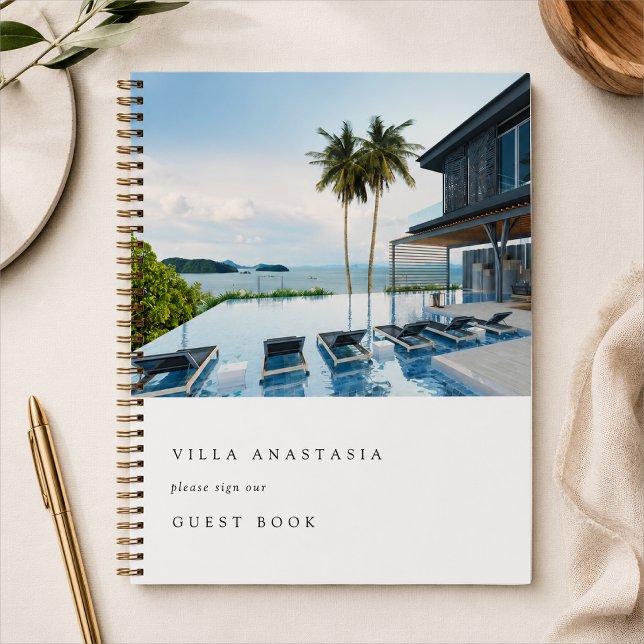 Feedback von Gastgebern für Urlaub Weißes Foto Notizbuch (Custom vacation rental guest book with property photo cover for hosts, cabins, villas, and stays.)