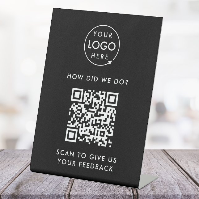 Feedback von Kunden QR Code Business Rating Black Sockelschild (Interactive QR code customer feedback tabletop signs with your business logo.)