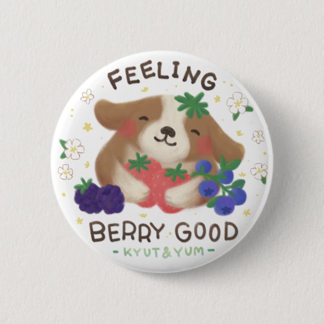 Feeling Berry Good: Cute Dog with Berries Button (Vorderseite)