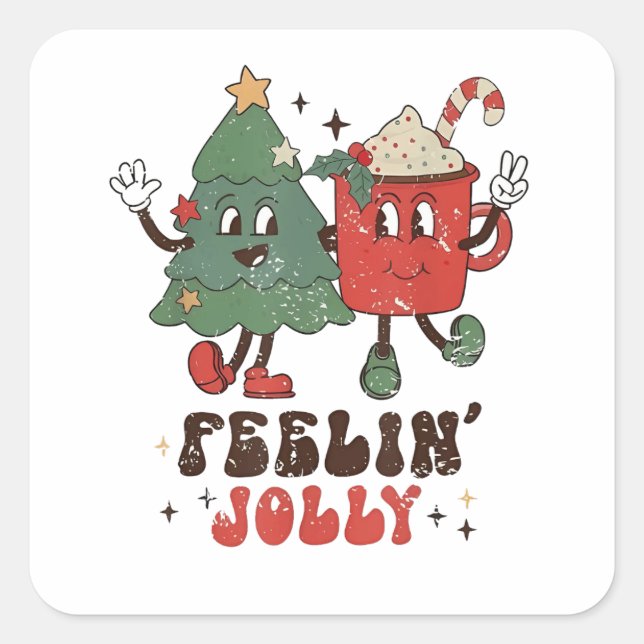 Feelin'Jolly Christmas Hot Cacoa Groovy Quadratischer Aufkleber (Vorderseite)