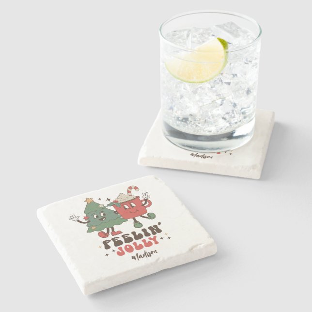 Feelin's Joli Weihnachtsfeiertage Funny Retro Name Steinuntersetzer (Seitenansicht)