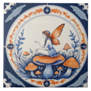 Feen auf einem Pilz sitzend blau & orange Fliese