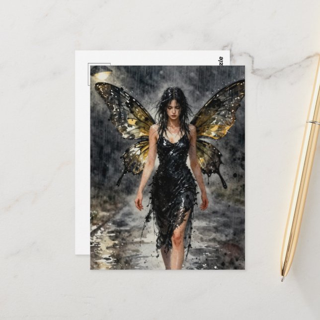 Feen, die in einer regnerischen Nacht spazieren ge Postkarte (Vorderseite/Rückseite Beispiel)