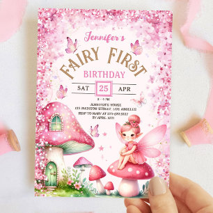 Feen-Erstes-Geburtstagsmädchen 1. Feenwald Rosa Einladung