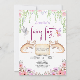 Feen-Erstgeburtstag Prinzessin Floral Wasserfarben Einladung
