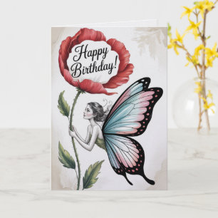Feen-Geburtstagskarte Rote Blume Fee Schmetterling Karte