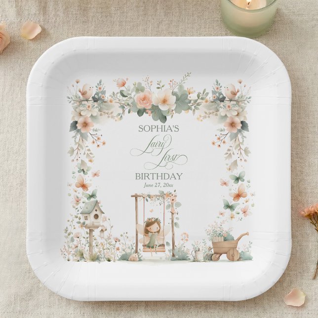 Feen-Kindergeburtstag zum ersten Geburtstag - Pers Pappteller (elegant floral fairy first birthday party paper plates with custom name and script calligraphy)