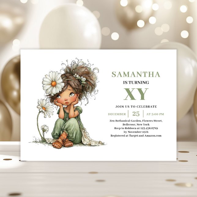 Feen-Mädchen 1. Geburtstag Hellgrüne Blumen-Einlad Einladung (Fairy Girl 1st Birthday Sage Green Floral Invitation)