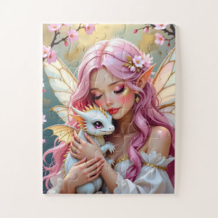 Feen mit rosa Haaren und weißem Babydrachen Puzzle