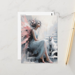 Feen mit weißer Katze auf der Treppe Postkarte