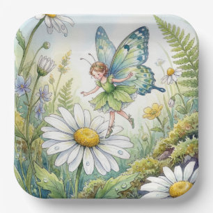 Feen-Schmetterling in einem Gänseblümchen-Garten Pappteller