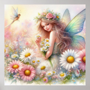 Feen und Blumen im Feenland Pastell Wasserfarbe Poster