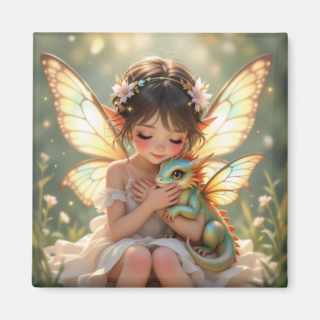 Feen und Drache | Chibi Anime Märchen Magnet (Vorne)