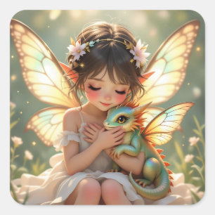 Feen und Drache Chibi Anime Märchen Quadratischer Aufkleber