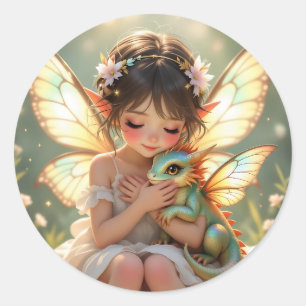 Feen und Drache   Chibi Anime Märchen Runder Aufkleber