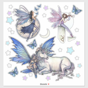 Feen und Einhorn Sterne Mond Fantasy Kunst Aufkleb Aufkleber