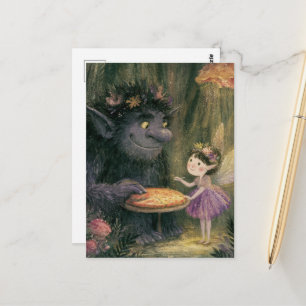 Feen- und niedliche Troll-Pizza-Party im Wald Postkarte