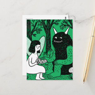 Feen- und süße Monster-Pizza-Party im Wald Postkarte