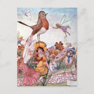 Feen und Vögel in einem Garten, Postkarte